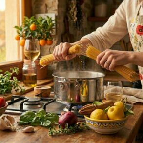 Ruke koje lome suhe špagete na pola iznad lonca s kipućom vodom, simbolizirajući šaljivu kulinarsku provokaciju bh. navijača upućenu Italijanima. Fotografija kreirana uz pomož Nano Banana 2