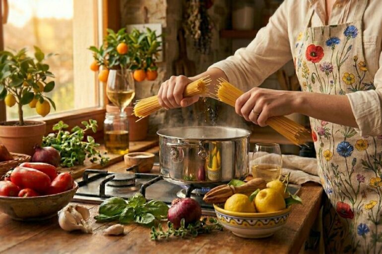 Ruke koje lome suhe špagete na pola iznad lonca s kipućom vodom, simbolizirajući šaljivu kulinarsku provokaciju bh. navijača upućenu Italijanima. Fotografija kreirana uz pomož Nano Banana 2