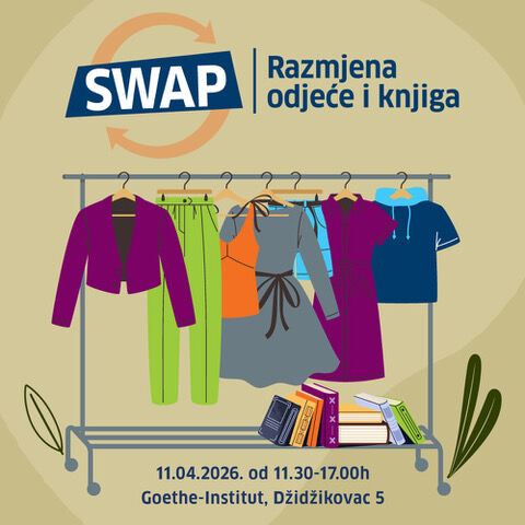 Poster za Proljetni SWAP događaj u Goethe-Institutu BiH, 11. april 2026. - razmjena odjeće i knjiga