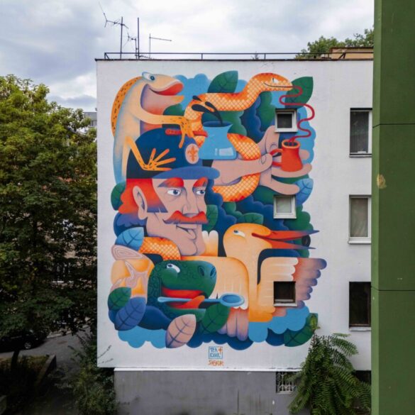 Umjetnica Tea Jurišić oslikava mural tijekom FASADA Festivala 2025, rad u progresu na velikoj zidnoj površini