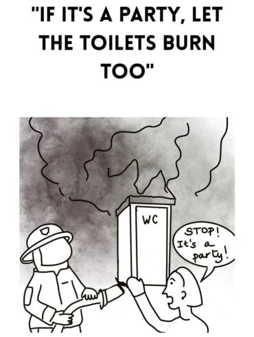 Ilustracija bosanske fraze iz knjige Say It Like a Bosnian – doslovno tumačenje izraza s humorističnim crtežom