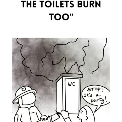 Ilustracija bosanske fraze iz knjige Say It Like a Bosnian – doslovno tumačenje izraza s humorističnim crtežom