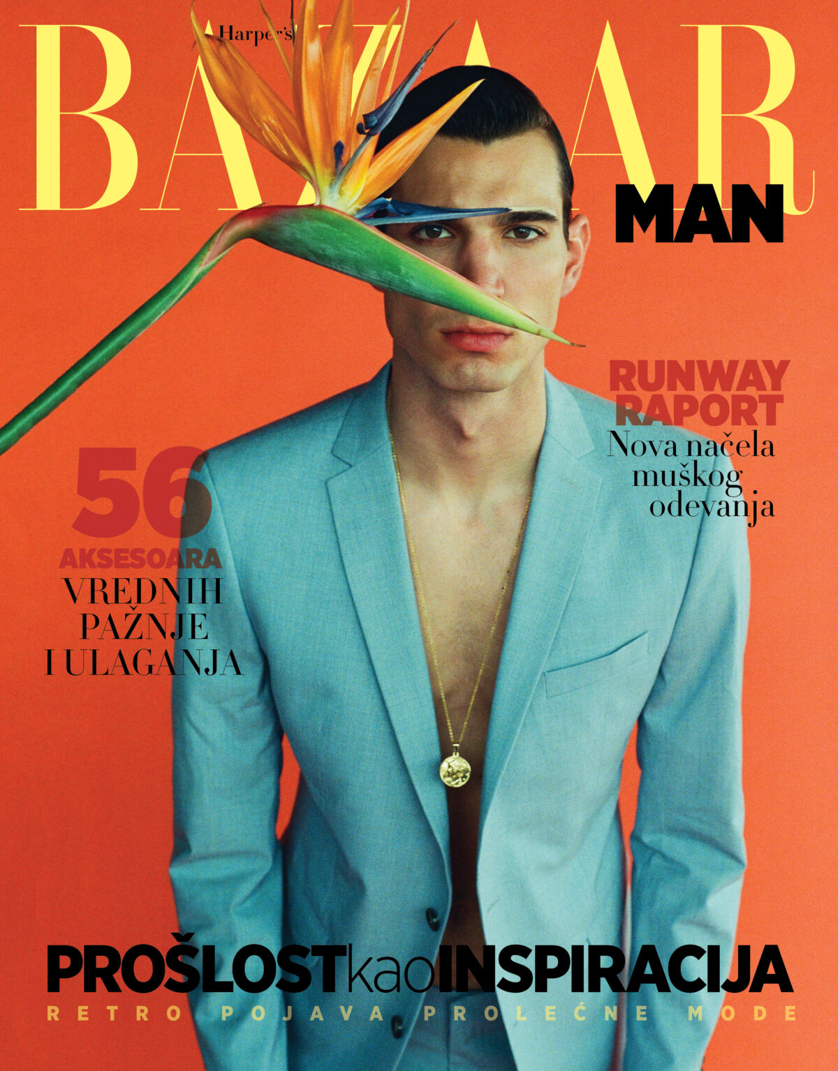 Naslovna strana Harper's Bazaar Man magazine sa muškim modelom u svijetloplavom sakou i cvjetom rajske ptice ispred lica, fotografija za Swan Model Management casting