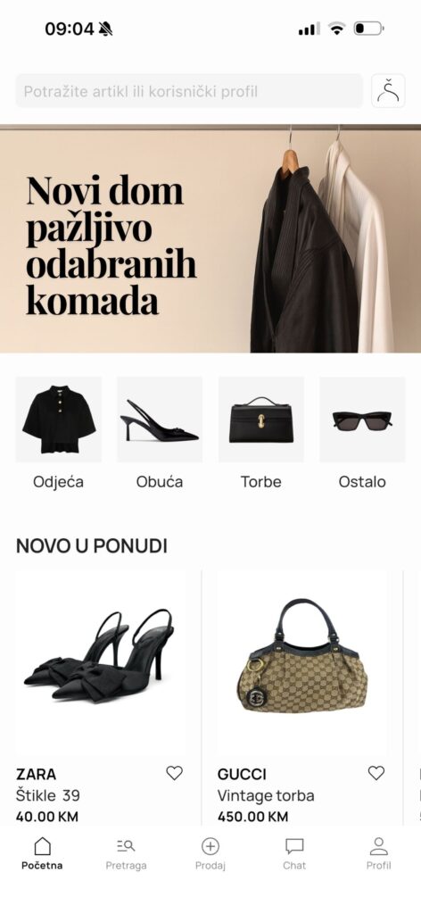 Korisnički interfejs početne stranice aplikacije Vješalica sa izdvojenim cijenama za polovne artikle brendova Zara i Gucci