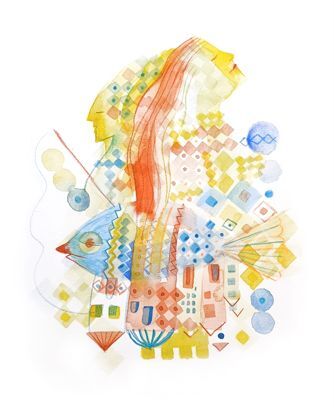 Akvarel "Invisible Cities: Fisherman" Aleksandre Nine Knežević — ženska figura čiji se lik stapa s arhitekturom i ornamentima inspirisanim Sarajevom, rađena na papiru u nježnoj paleti žute, narančaste, crvene i plave, izabrana u selekciju Women in Art Fair London 2026