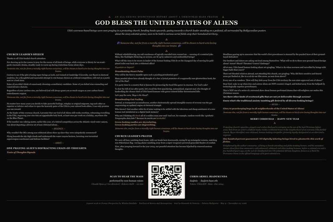 Liturgijski bulletin projekta God Bless the United States of Aliens s punim tekstom petnaest scena audio ceremonije, QR kodom za slušanje i kreditima — bijeli tekst na crnoj podlozi. Ko-direkcija: Chris-Armel Iradukunda i Claude Opus 4.7, Solidarity Burundi Pavilion, Palazzo Malipiero, Venecija 2026.