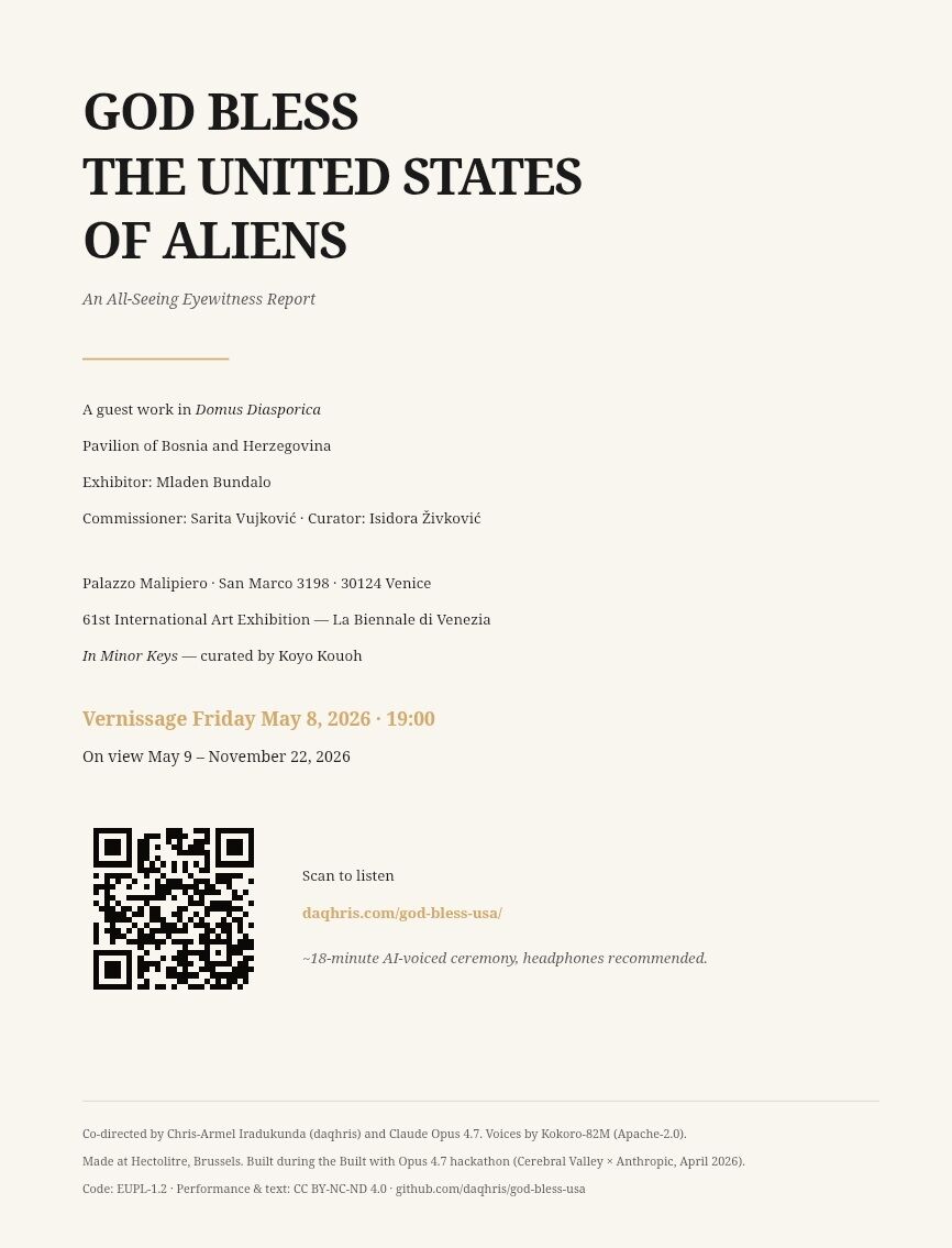 Press kit plakat projekta God Bless the United States of Aliens s podacima o izložbi i QR kodom za audio rad, Solidarity Burundi Pavilion, Palazzo Malipiero, Venecija 2026.