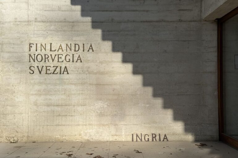 Vanjski betonski zid Nordijskog paviljona s natpisima Finlandia, Norvegia, Svezia u gornjem lijevom uglu i riječju INGRIA postavljenom pri dnu desno, dok geometrijska sjena stepenica dijeli zid na osvjetljeni i zatamnjeni dio.