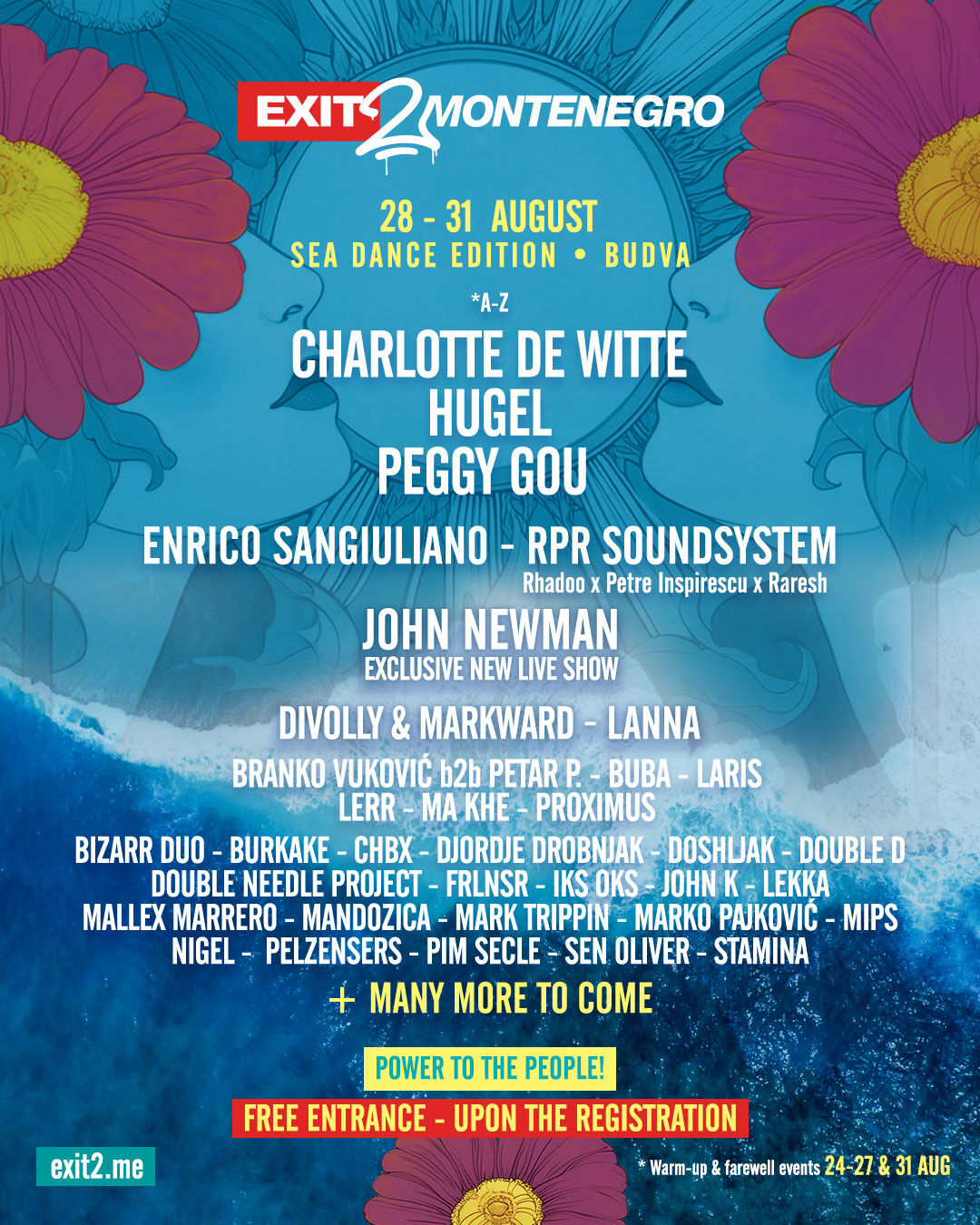 EXIT to Montenegro Sea Dance Edition lineup poster – Budva, 28–31 August 2025, featuring Peggy Gou, Charlotte De Witte, Hugel, John Newman and more
