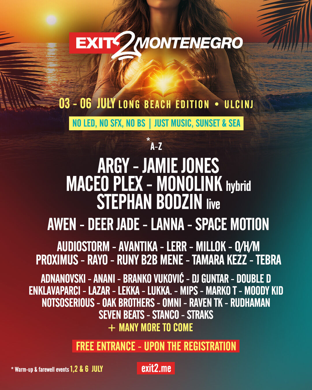 EXIT to Montenegro Long Beach Edition lineup poster – Ulcinj, 3–6 July 2025, featuring Argy, Jamie Jones, Maceo Plex, Monolink, Stephan Bodzin and more