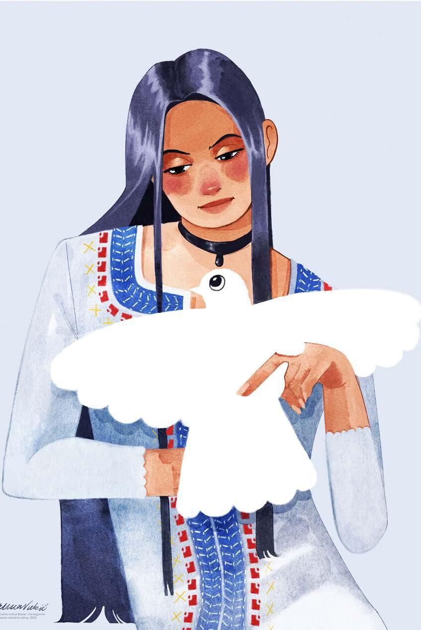 Elma Nukić, digitalna ilustracija žene u tradicionalnoj bosanskoj nošnji s bijelim golubom u rukama