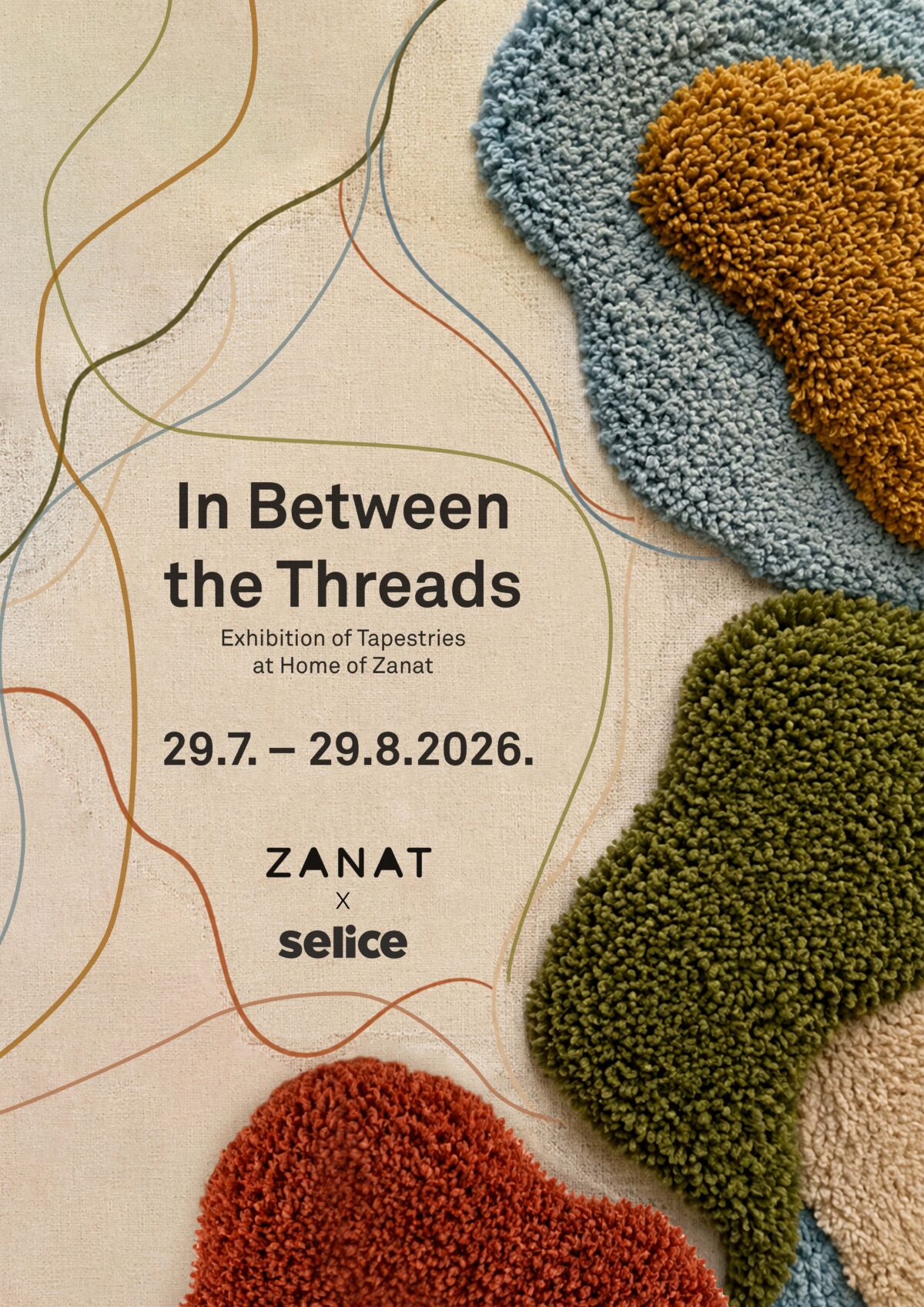 "In Between the Threads" sa detaljima ručno rađenih tapiserija u plavoj, senf žutoj, maslinasto zelenoj i terakota boji, te logotipima ZANAT i Selice