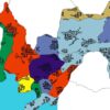 Stilizovana ilustrovana mapa Kraljevine Korete podijeljena na obojene regije različitih boja i uzoraka, koja predstavlja imaginarnu državu iz umjetničkog projekta Vojislava Klačara