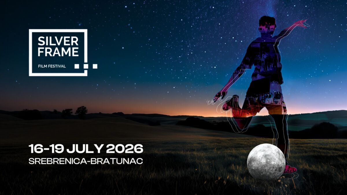 Zvanični poster Silver Frame Film Festivala 2026 - siluета mladića s loptom pod zvjezdanim nebom, datum 16-19. juli, Srebrenica-Bratunac