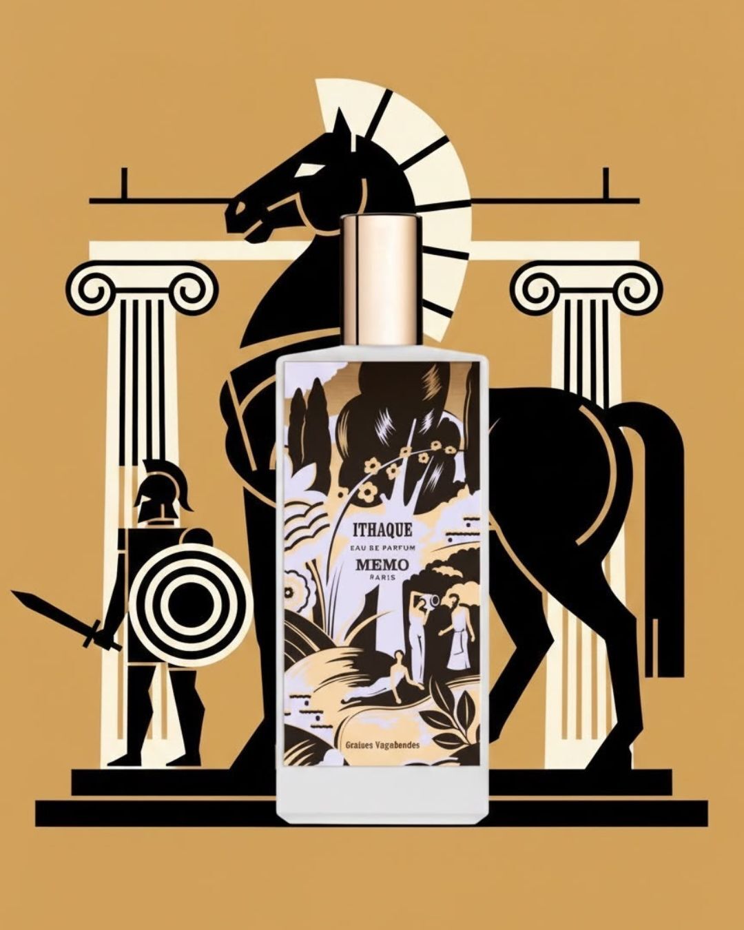 Bočica MEMO Ithaque eau de parfuma sa motivom trojanskog konja i antičkih stubova