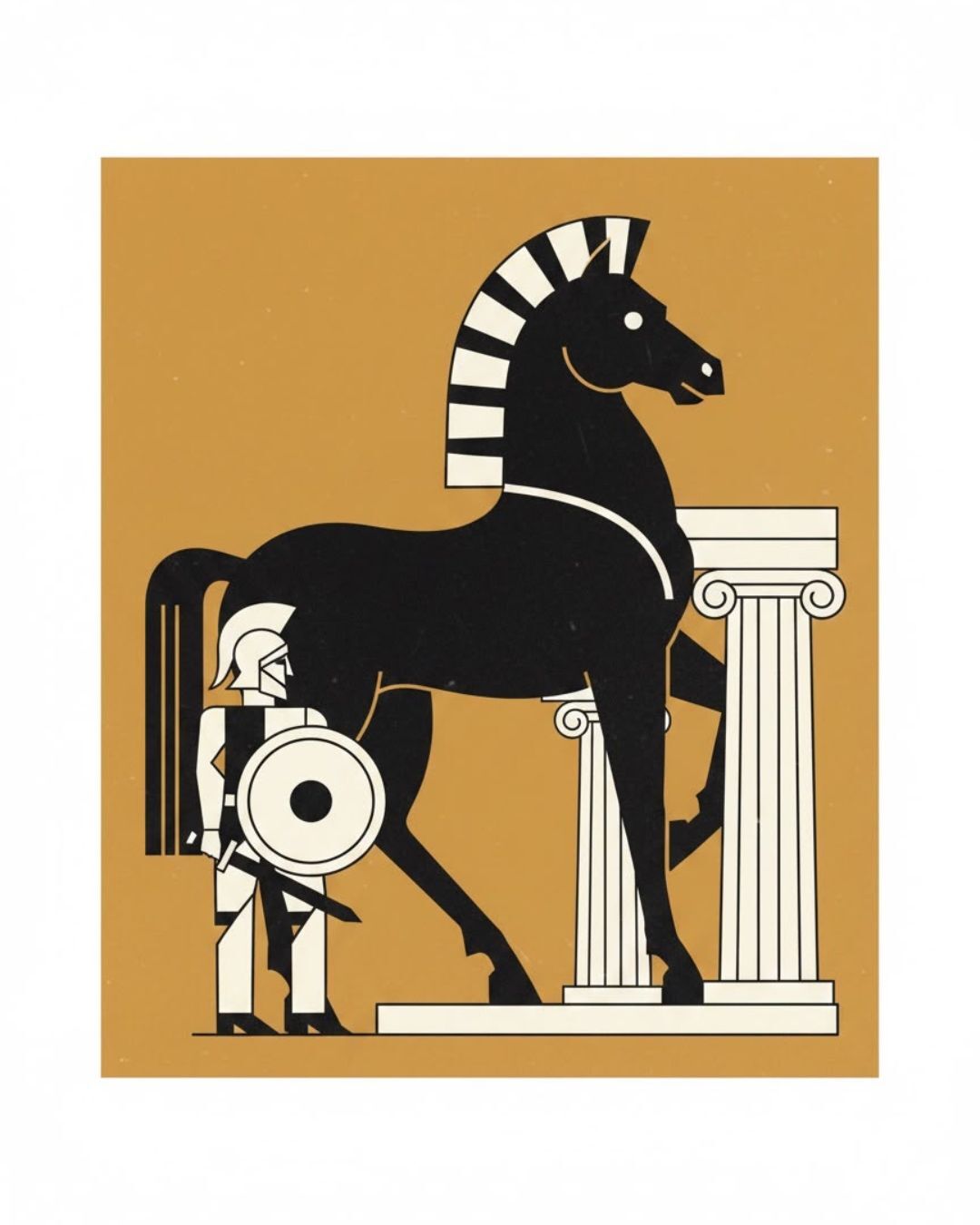 Ilustracija trojanskog konja i grčkog ratnika u art deco stilu, inspiracija za miris Ithaque
