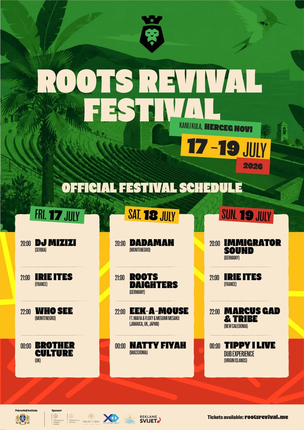 Zvanični poster petog, jubilarnog izdanja Roots Revival Festivala 2026, koji se održava od 17. do 19. jula na Kanli kuli u Herceg Novom