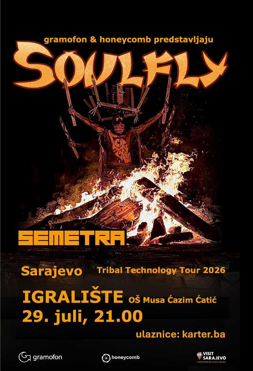 Plakat koncerta Soulfly u Sarajevu – 29. juli 2026, Igralište OŠ Musa Ćazim Ćatić, predgrupa SEMETRA, ulaznice na karter.ba