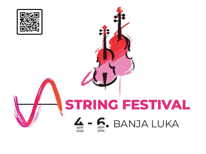 A String Fest 2026 - plakat gudačkog festivala u Banjoj Luci (4-6. septembar) sa ilustracijom instrumenata u crveno-ružičastoj boji i QR kodom