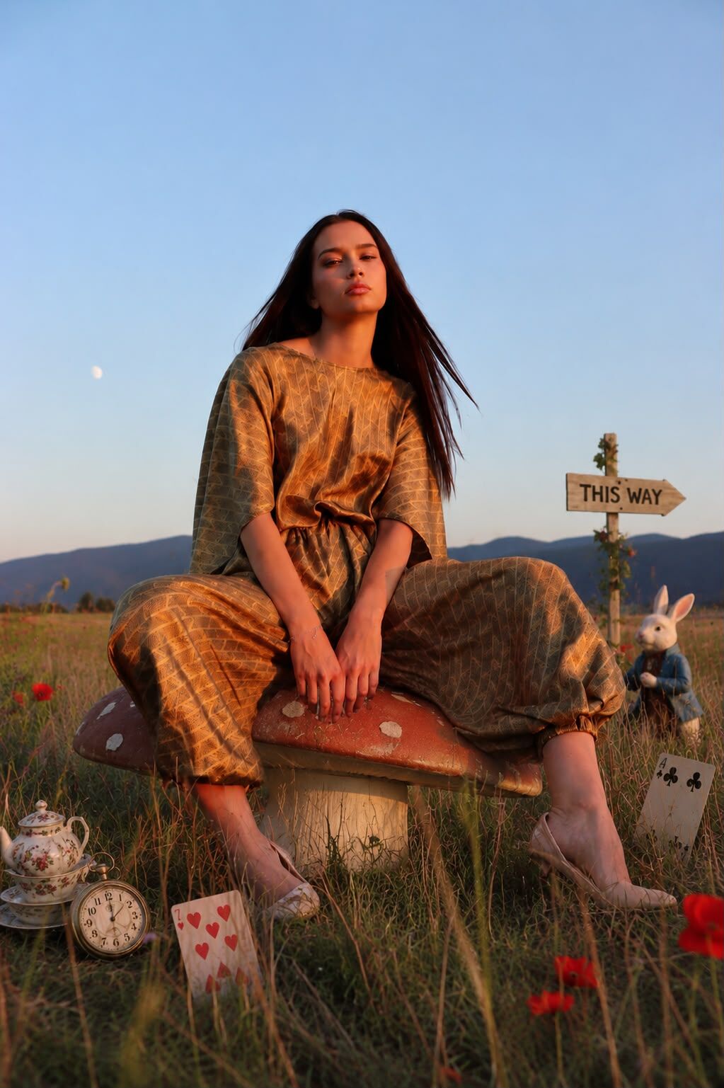 Model u zlatno-smeđoj haljini sjedi na ogromnoj gljivi u polju, u pozadini putokaz "This Way" i figura Bijelog zeca – HAAD kolekcija "Alisa u zemlji čuda". Foto i AI postprodukcija: HAAD produkcija