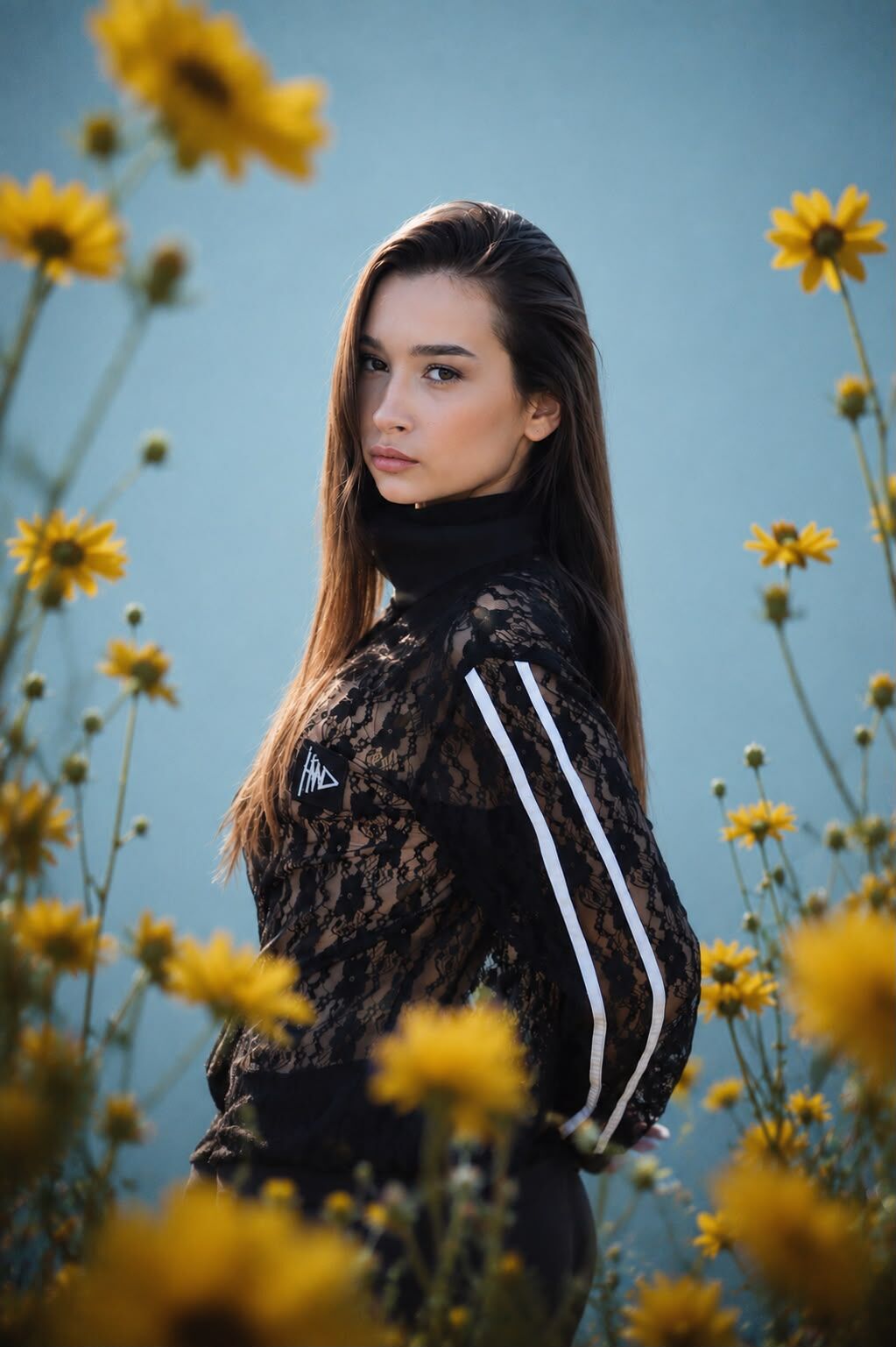 Model čučne u polju žutog cvijeća, odjevena u crnu čipkastu jaknu i tajice – urbani stil HAAD kolekcije "Alisa u Bosni". Foto i AI postprodukcija: HAAD produkcija