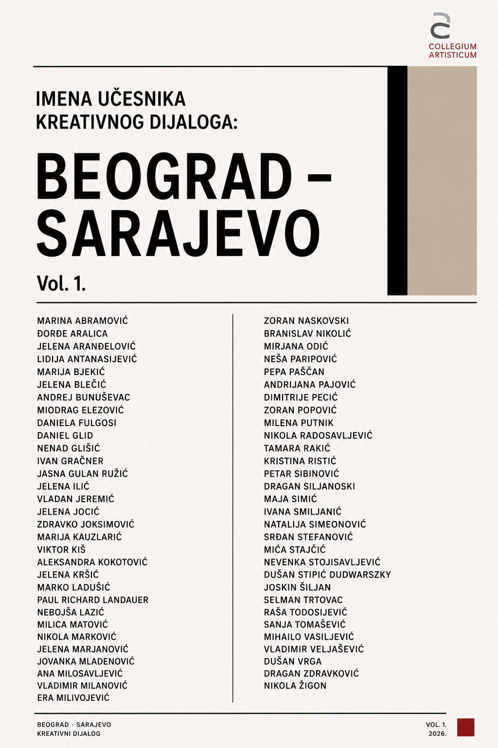 Popis 61 umjetnika koji učestvuju na izložbi "Kreativni dijalog: Beograd – Sarajevo", Vol. 1, u dvije kolone imena i prezimena