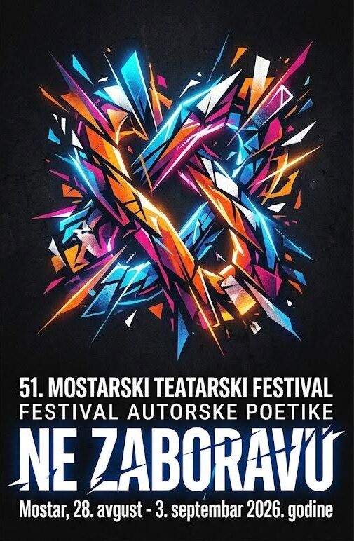 Plakat 51. Mostarskog teatarskog festivala – Festivala autorske poetike, koji se održava od 28. avgusta do 3. septembra 2026. godine u Mostaru