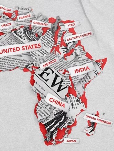 Ilustracija Afrike ispunjena nazivima država i regija koje bi po površini mogle stati unutar afričkog kontinenta.