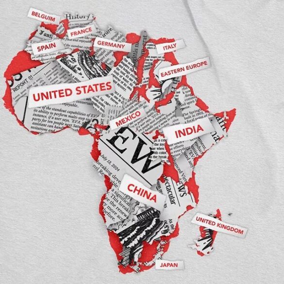 Ilustracija Afrike ispunjena nazivima država i regija koje bi po površini mogle stati unutar afričkog kontinenta.