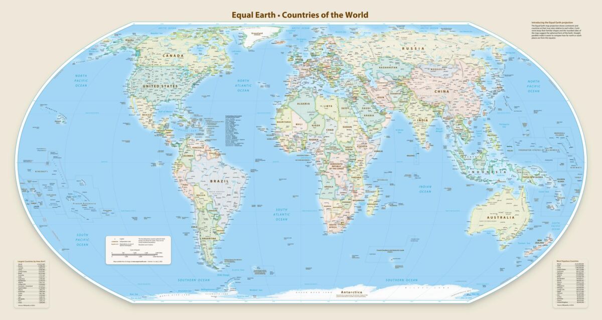 Karta svijeta u Equal Earth projekciji iz 2018. godine, koja prikazuje kontinente u tačnijem međusobnom odnosu površina.