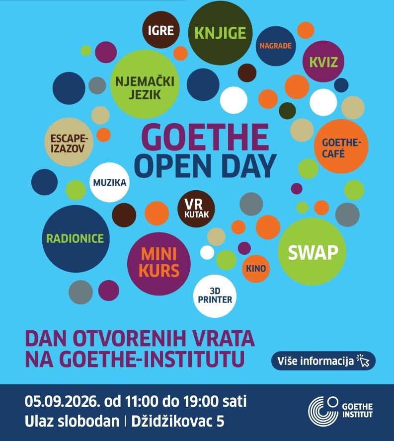 Goethe Open Day u Sarajevu 5. septembra 2026. – dan otvorenih vrata Goethe-Instituta uz radionice, njemački jezik, knjige, kviz, VR, SWAP, igre i druge besplatne sadržaje.
