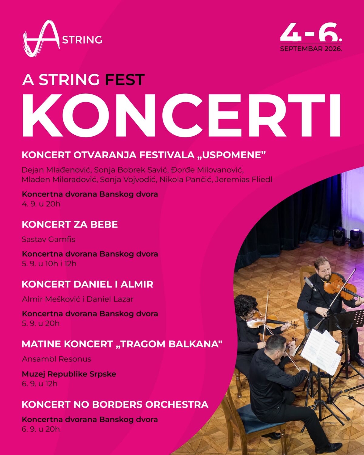 Program koncerata A String Festa 2026 u Banjoj Luci od 4. do 6. septembra